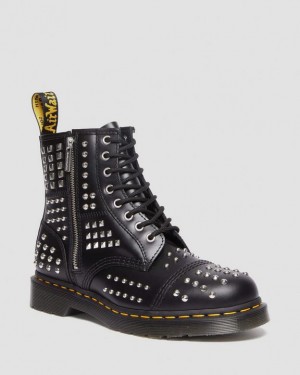 Men's Dr Martens 1460 Studded Zip Atlas Leather Lace Up Boots Black | Australia_Dr58023