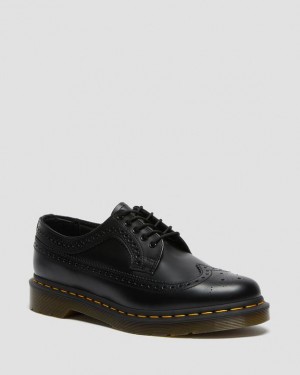 Men's Dr Martens 3989 Yellow Stitch Smooth Leather Brogue Shoes Black | Australia_Dr30440