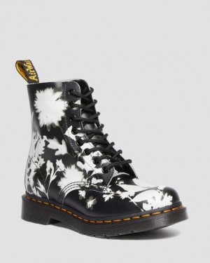 Women's Dr Martens 1460 Pascal Floral Shadow Leather Lace Up Boots Black / White | Australia_Dr44139