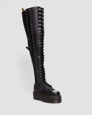 Women's Dr Martens 28-Eye Extreme Max Virginia Leather Knee High Boots Black | Australia_Dr29021