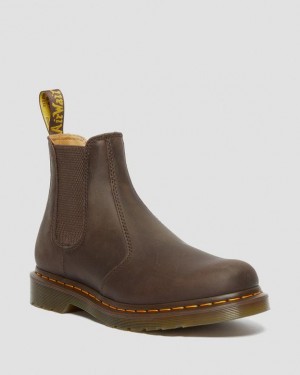 Women's Dr Martens 2976 Yellow Stitch Crazy Horse Leather Chelsea Boots Dark Brown | Australia_Dr40309