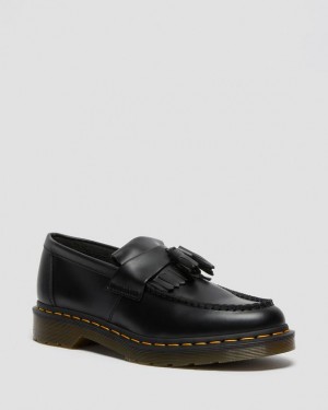 Women's Dr Martens Adrian Yellow Stitch Leather Tassel Loafers Shoes Black | Australia_Dr46992