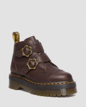 Women's Dr Martens Devon Flower Buckle Grizzly Leather Platform Boots Dark Brown | Australia_Dr87560