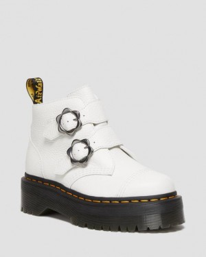 Women's Dr Martens Devon Flower Buckle Leather Platform Boots White | Australia_Dr45736