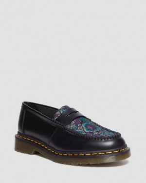 Women's Dr Martens Penton Floral Jacquard Loafers Shoes Black | Australia_Dr96992