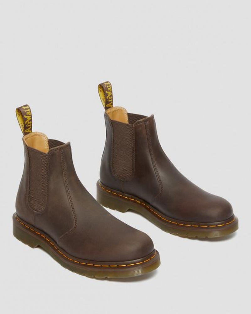 Men's Dr Martens 2976 Yellow Stitch Crazy Horse Leather Chelsea Boots Dark Brown | Australia_Dr50615