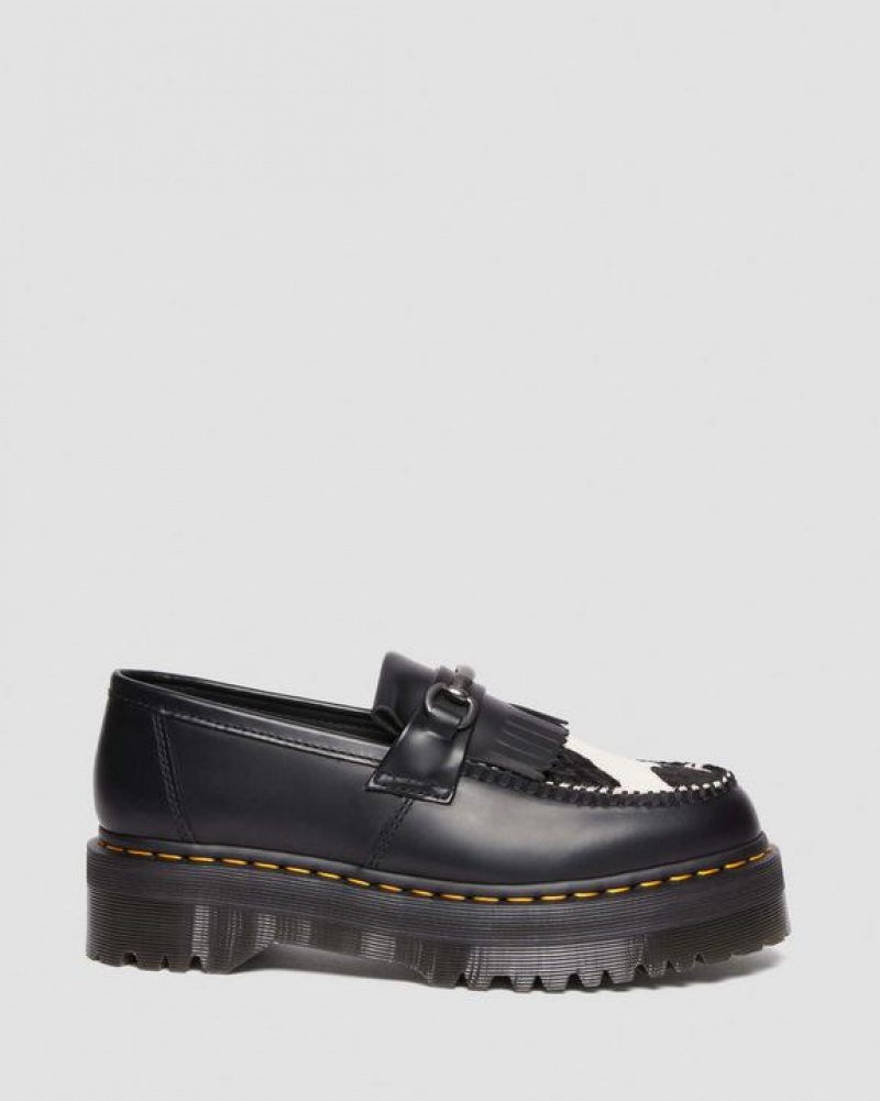 Men's Dr Martens Adrian Snaffle Hair On & Leather Cow Print Kiltie Platform Shoes Black | Australia_Dr14663