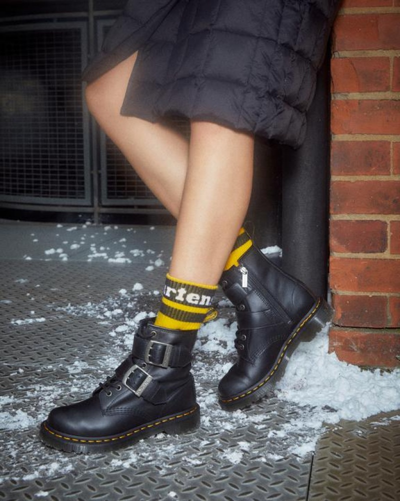 Women's Dr Martens 1460 Buckle Pull Up Leather Lace Up Boots Black | Australia_Dr45671