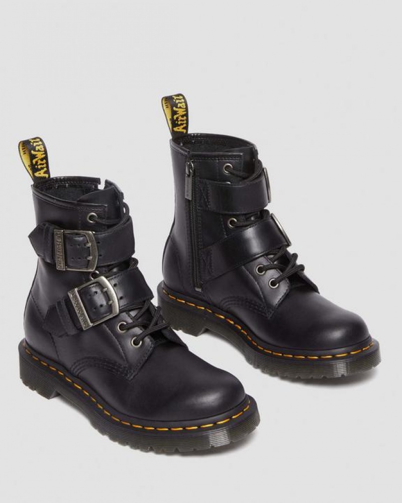 Women's Dr Martens 1460 Buckle Pull Up Leather Lace Up Boots Black | Australia_Dr45671