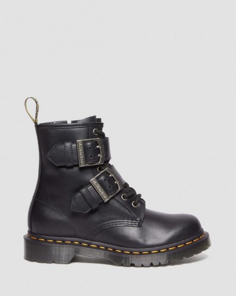 Women's Dr Martens 1460 Buckle Pull Up Leather Lace Up Boots Black | Australia_Dr45671