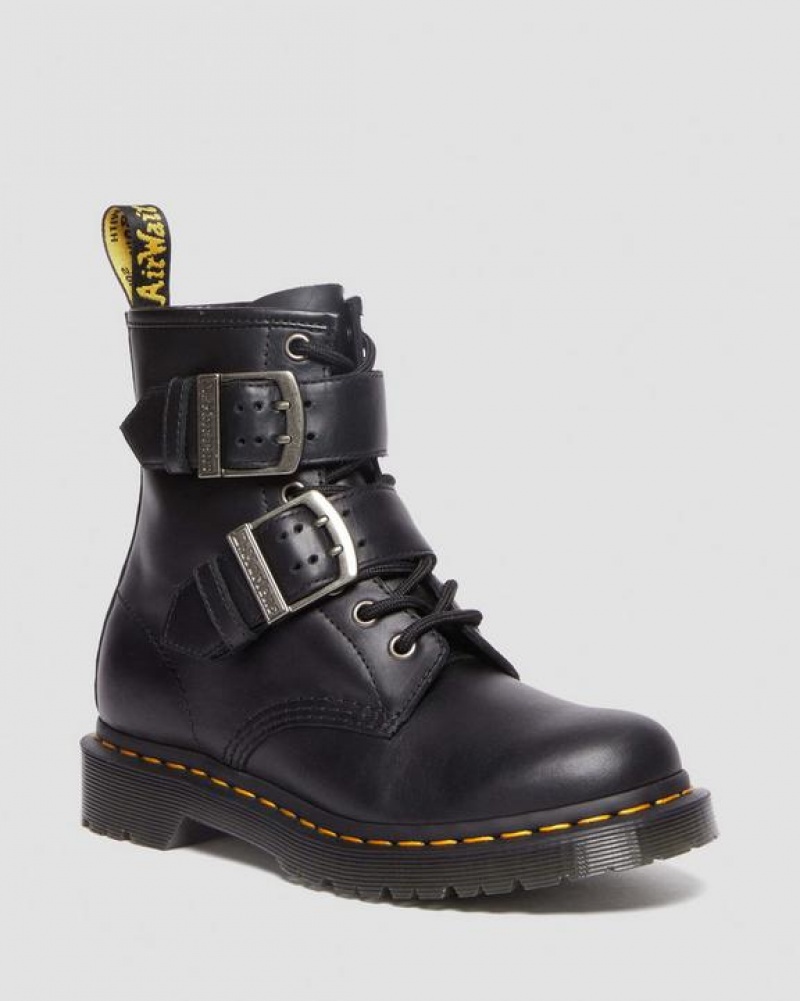 Women\'s Dr Martens 1460 Buckle Pull Up Leather Lace Up Boots Black | Australia_Dr45671