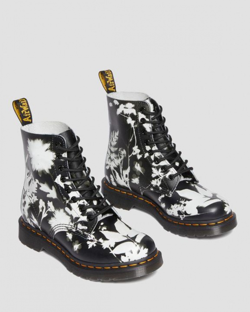 Women's Dr Martens 1460 Pascal Floral Shadow Leather Lace Up Boots Black / White | Australia_Dr44139