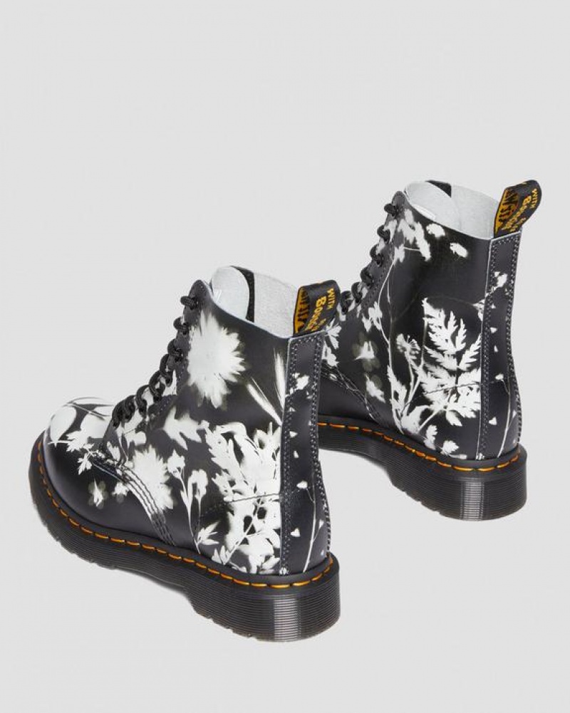 Women's Dr Martens 1460 Pascal Floral Shadow Leather Lace Up Boots Black / White | Australia_Dr44139