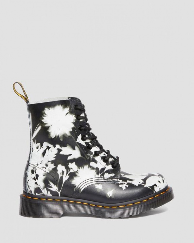 Women's Dr Martens 1460 Pascal Floral Shadow Leather Lace Up Boots Black / White | Australia_Dr44139