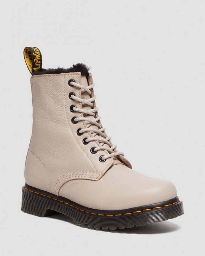 Women\'s Dr Martens 1460 Serena Faux Fur Lined Virginia Lace Up Boots Grey Brown | Australia_Dr87779