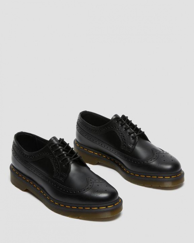 Women's Dr Martens 3989 Yellow Stitch Smooth Leather Brogue Shoes Black | Australia_Dr75572