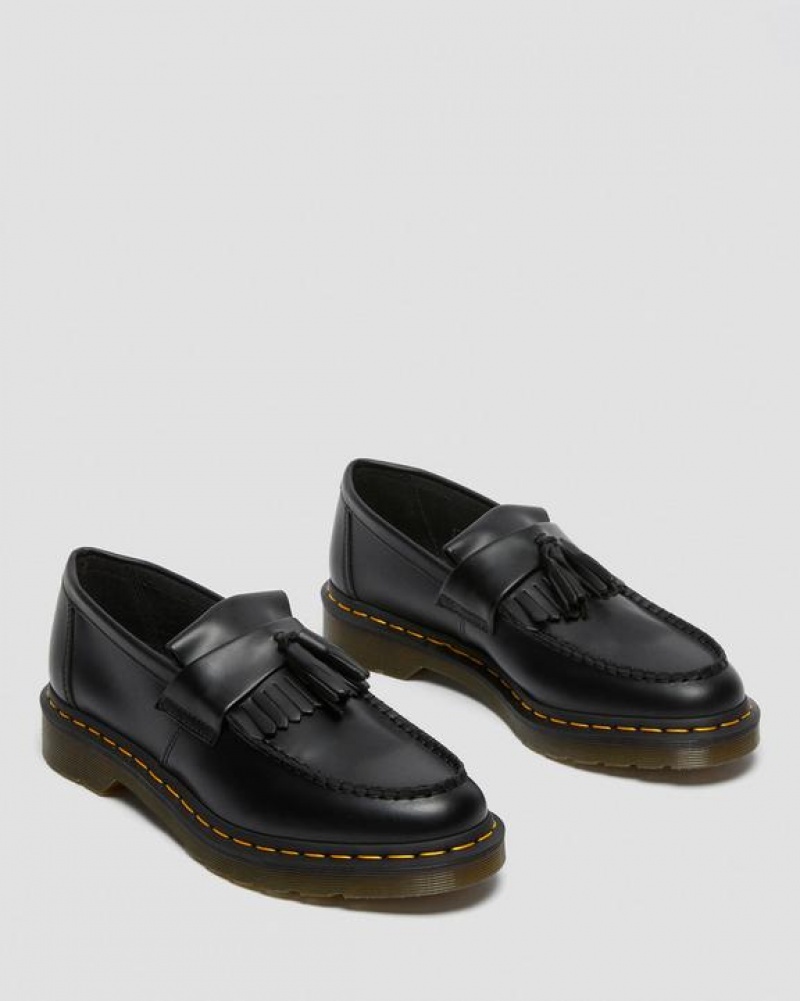 Women's Dr Martens Adrian Yellow Stitch Leather Tassel Loafers Shoes Black | Australia_Dr46992