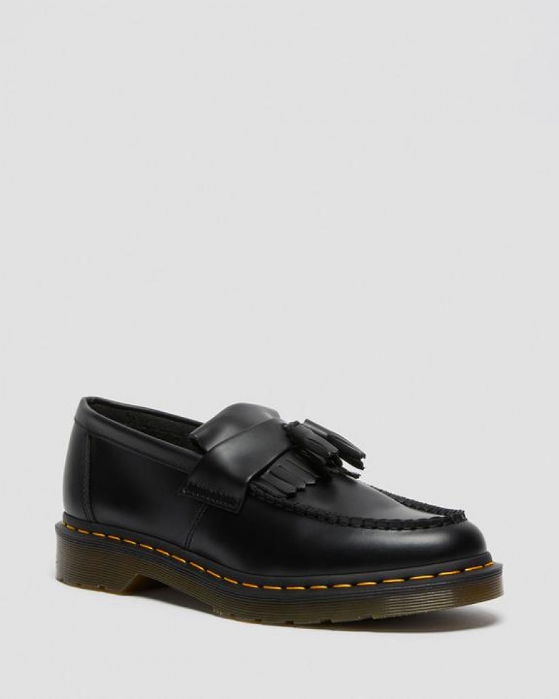 Women\'s Dr Martens Adrian Yellow Stitch Leather Tassel Loafers Shoes Black | Australia_Dr46992