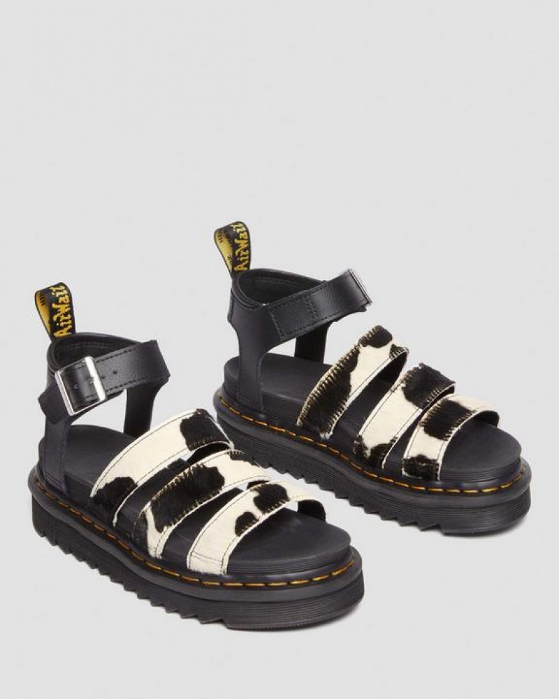 Women's Dr Martens Blaire Hair-On Cow Print Strap Sandals Black | Australia_Dr53420