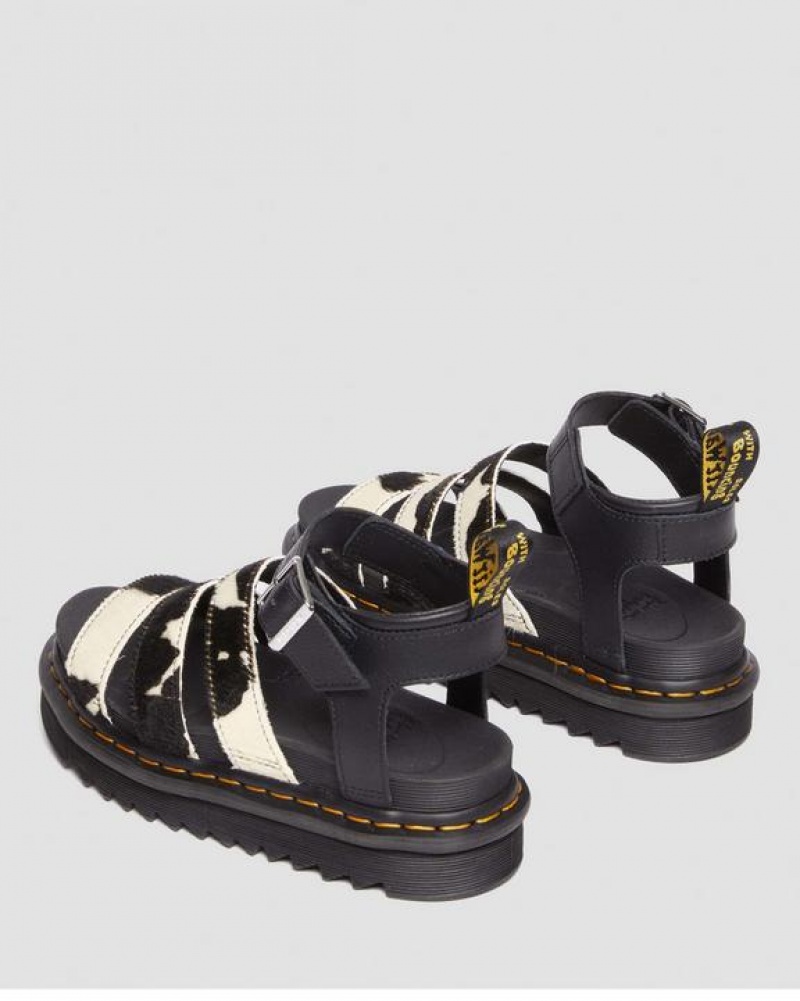 Women's Dr Martens Blaire Hair-On Cow Print Strap Sandals Black | Australia_Dr53420