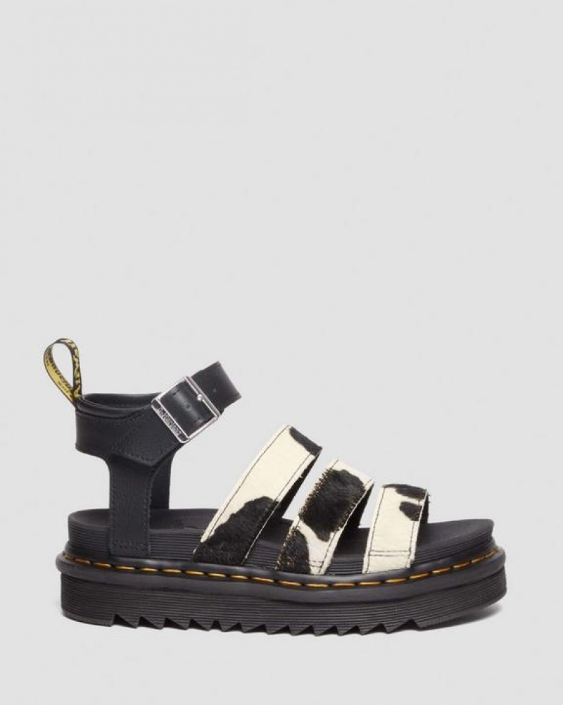 Women's Dr Martens Blaire Hair-On Cow Print Strap Sandals Black | Australia_Dr53420