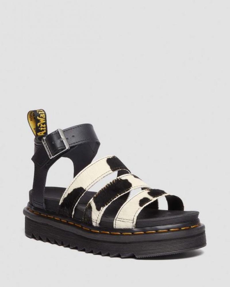 Women\'s Dr Martens Blaire Hair-On Cow Print Strap Sandals Black | Australia_Dr53420