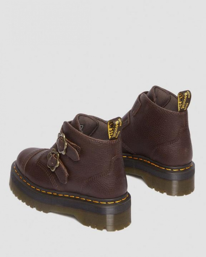 Women's Dr Martens Devon Flower Buckle Grizzly Leather Platform Boots Dark Brown | Australia_Dr87560