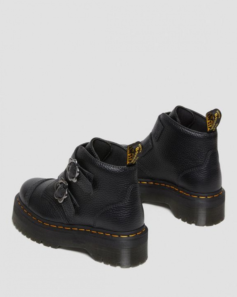 Women's Dr Martens Devon Flower Buckle Leather Platform Shoes Black | Australia_Dr36538