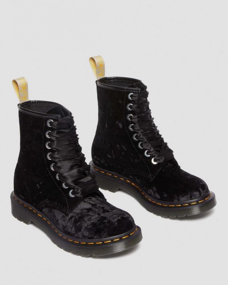 Women's Dr Martens Vegan 1460 Women's Crushed Velvet Lace Up Boots Black | Australia_Dr78099